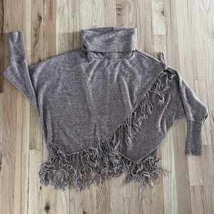 Fringe Poncho Sweater Asymmetrical Turtleneck Boho Knit Brown Womens M